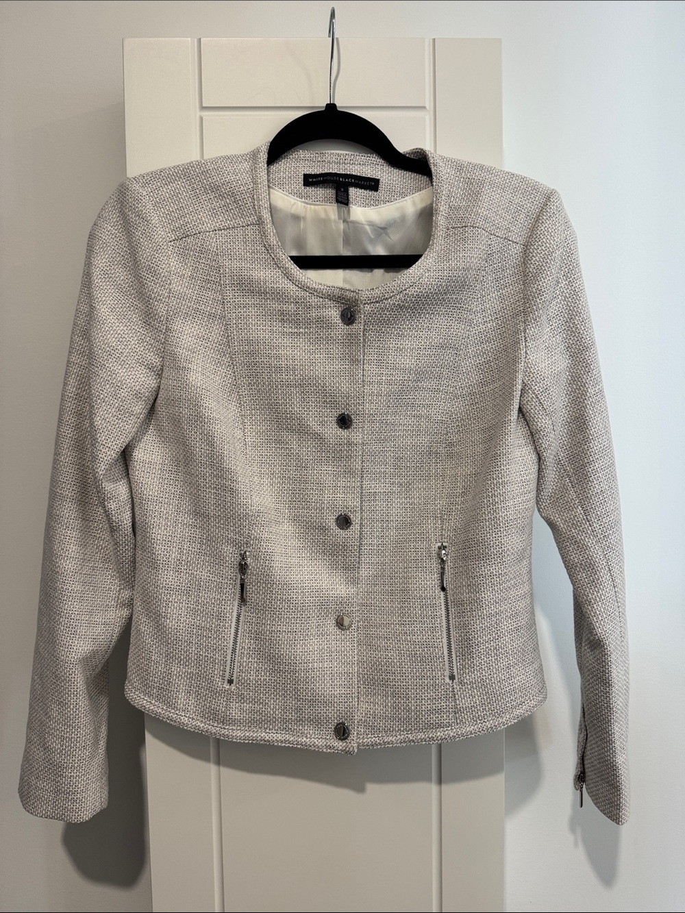 White House Black Market Light Gray Collarless Textured Jacket